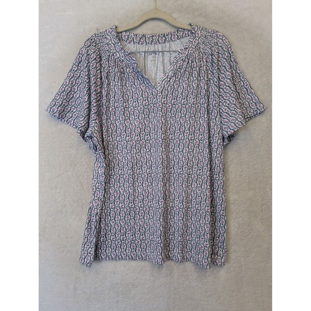 Croft & Barrow Top Women's Medium White Floral V-Neck Flutter Short‎ Sleeve
